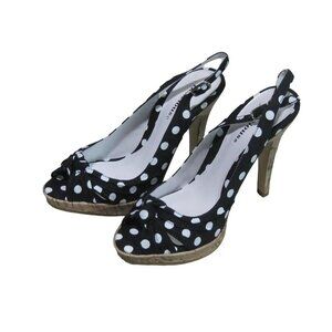 Delicious Navy & White Polka Dot Slingback Bow Adorned Strappy Heels Shoes Sz 6